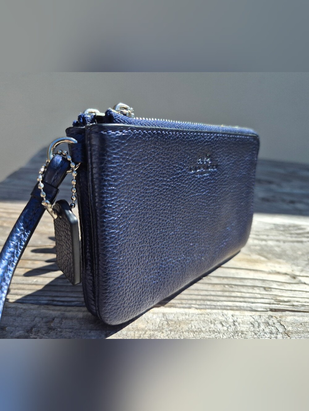 Coach Pebbled Leather Double Corner Zip Wristlet in Metallic Midnight Blue - Picture 6 of 11